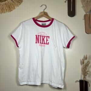 Women's XL Y2K Nike White and Pink Glitter Ringer Baby Tee